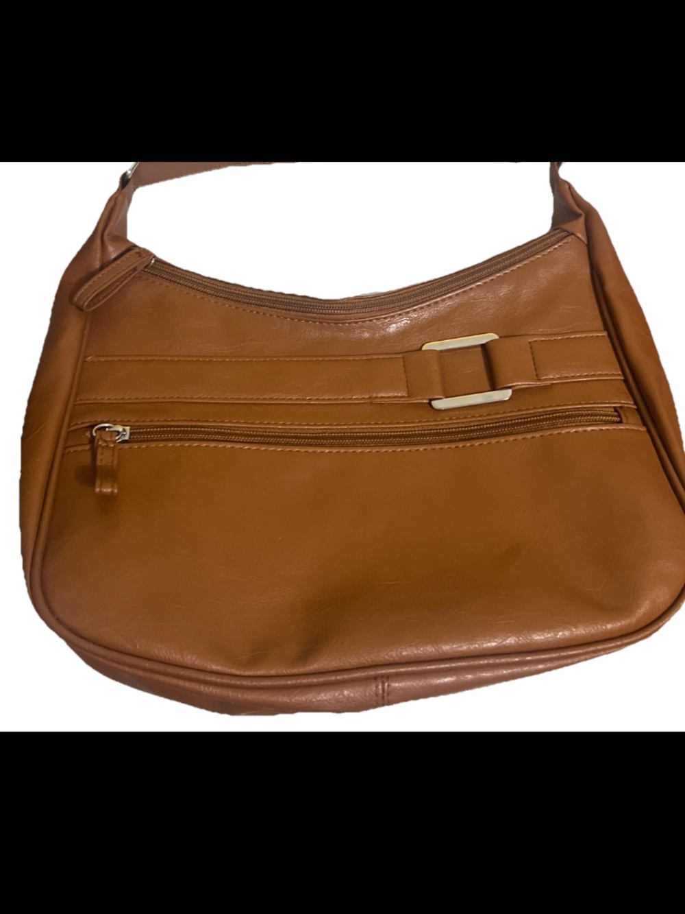 12” Wide Y2K Camel Tan Faux Leather Shoulder Hobo Bag Crossbody Silver Accents